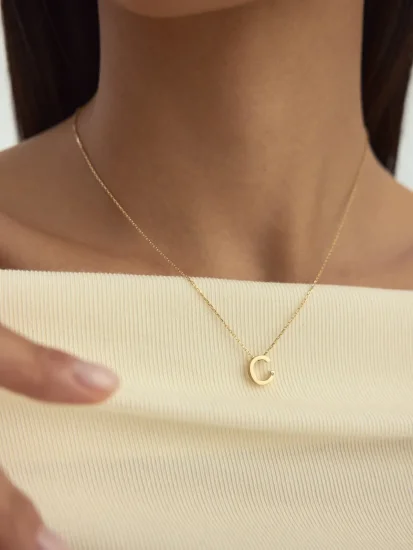 C Harfi Taşlı 14K Altın Harf Kolye - (1)