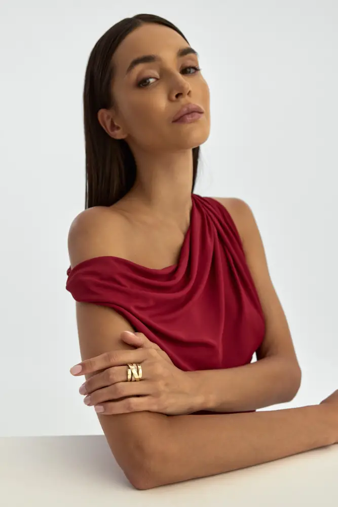 Çapraz Bantlı Işıltılı 14K Altın Yüzük - 3