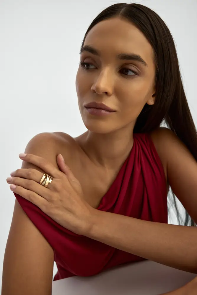 Çapraz Bantlı Işıltılı 14K Altın Yüzük - 5