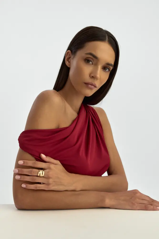 Çapraz Bantlı Işıltılı 14K Altın Yüzük - 4