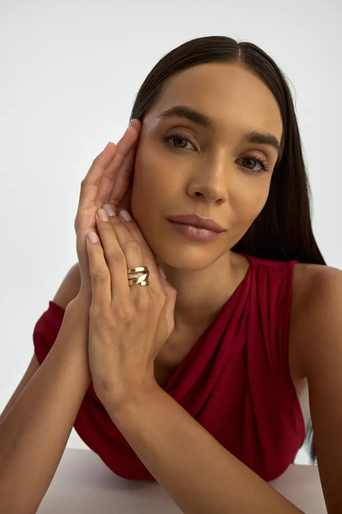 Çapraz Bantlı Işıltılı 14K Altın Yüzük - 6