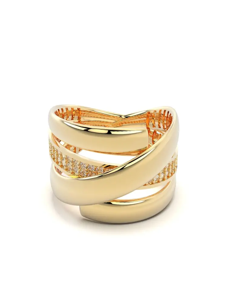 Çapraz Bantlı Işıltılı 14K Altın Yüzük - 1