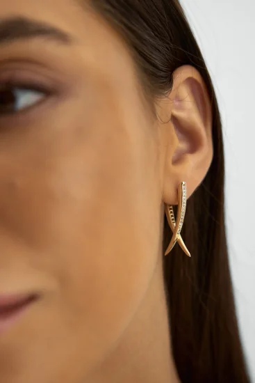 Çapraz Form Sıralı Taşlı 14K Altın Küpe - (1)