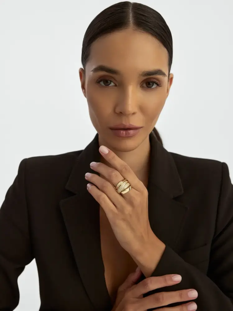 Çapraz Sıralı Zirkon Taşlı Modern 14K Altın Yüzük - 4