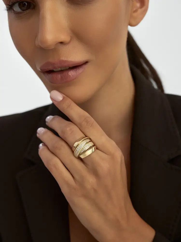 Çapraz Sıralı Zirkon Taşlı Modern 14K Altın Yüzük - 2