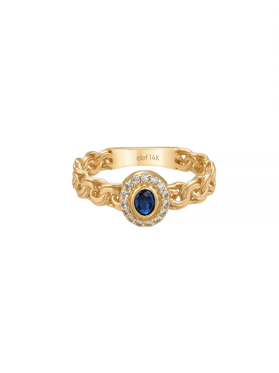Oval Safir Rengi Taşlı Zincir Formlu 14K Altın Yüzük