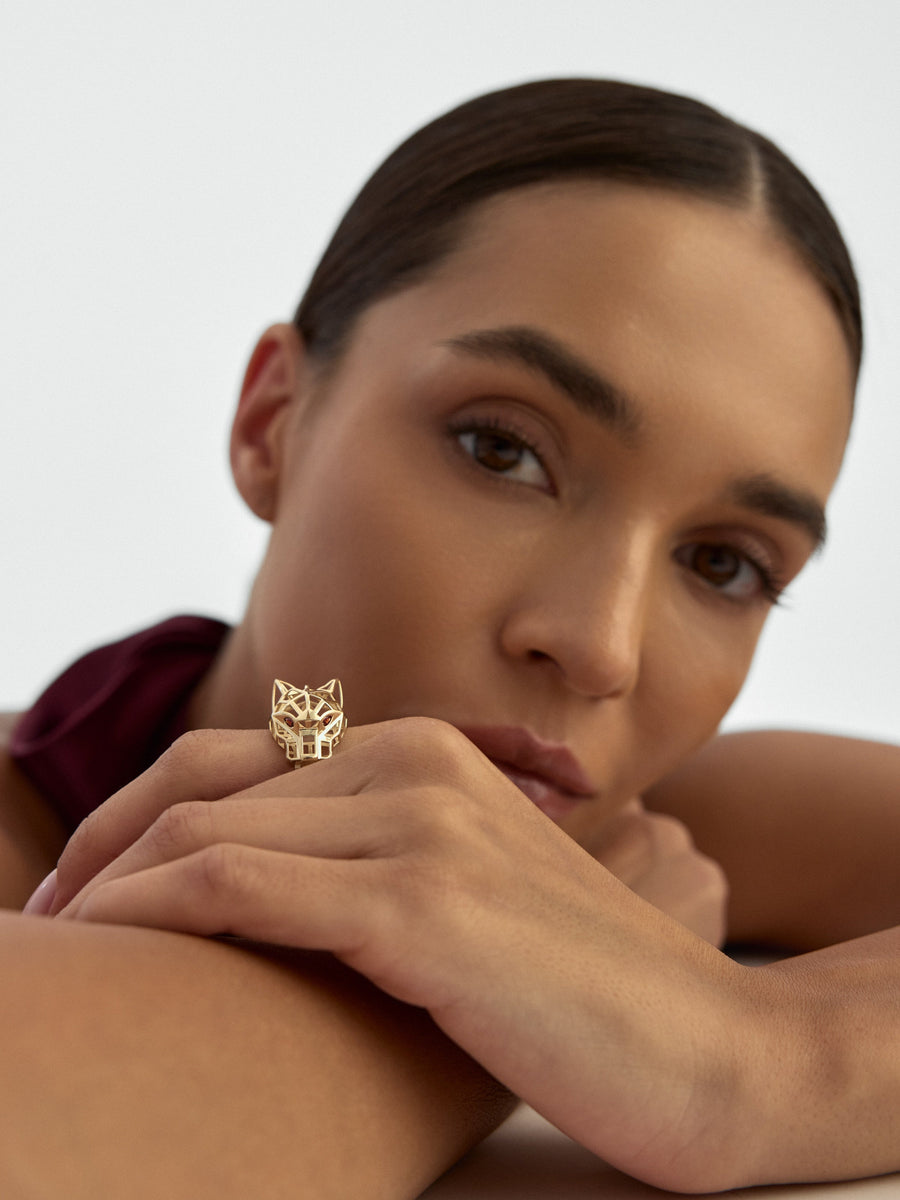 Geometrik Panter Formlu 14K Altın Yüzük
