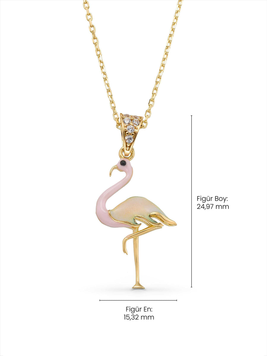 Pembe Mine Detaylı Flamingo 14K Altın Kolye