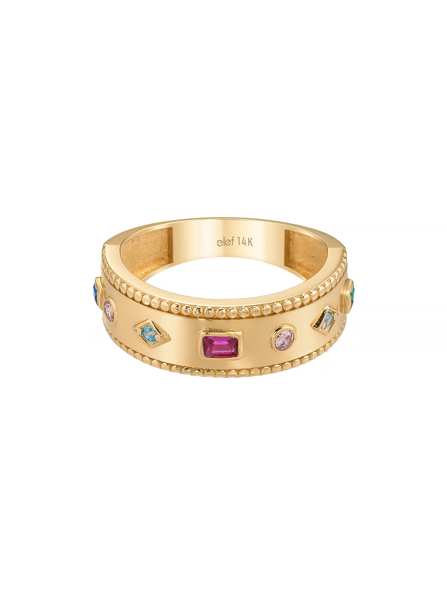 Renkli Taşlı Modern Tamtur 14K Altın Yüzük