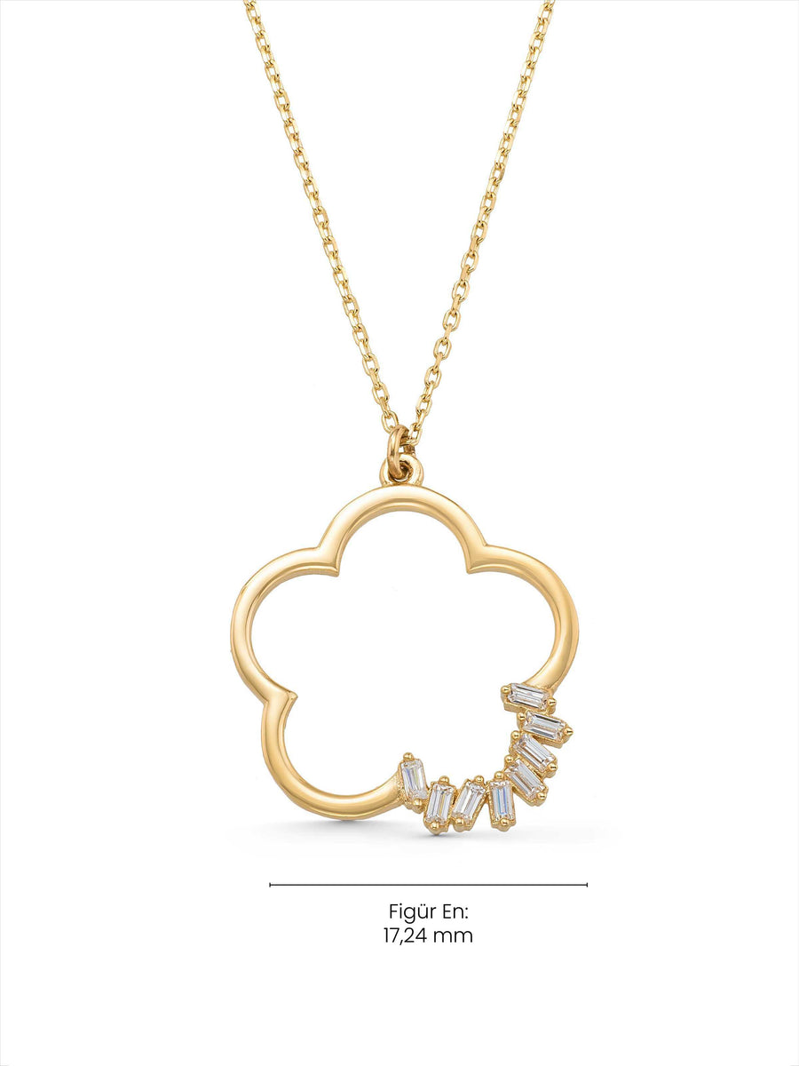 Baget Taşlı Çiçek Formlu 14K Altın Kolye