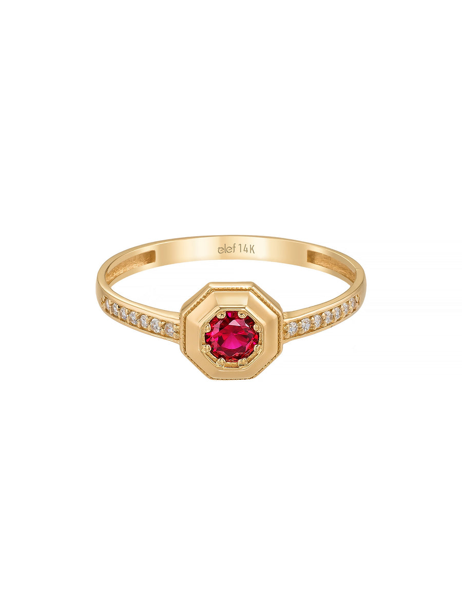 Sekizgen Yakut Rengi Taşlı Vintage 14K Altın Yüzük