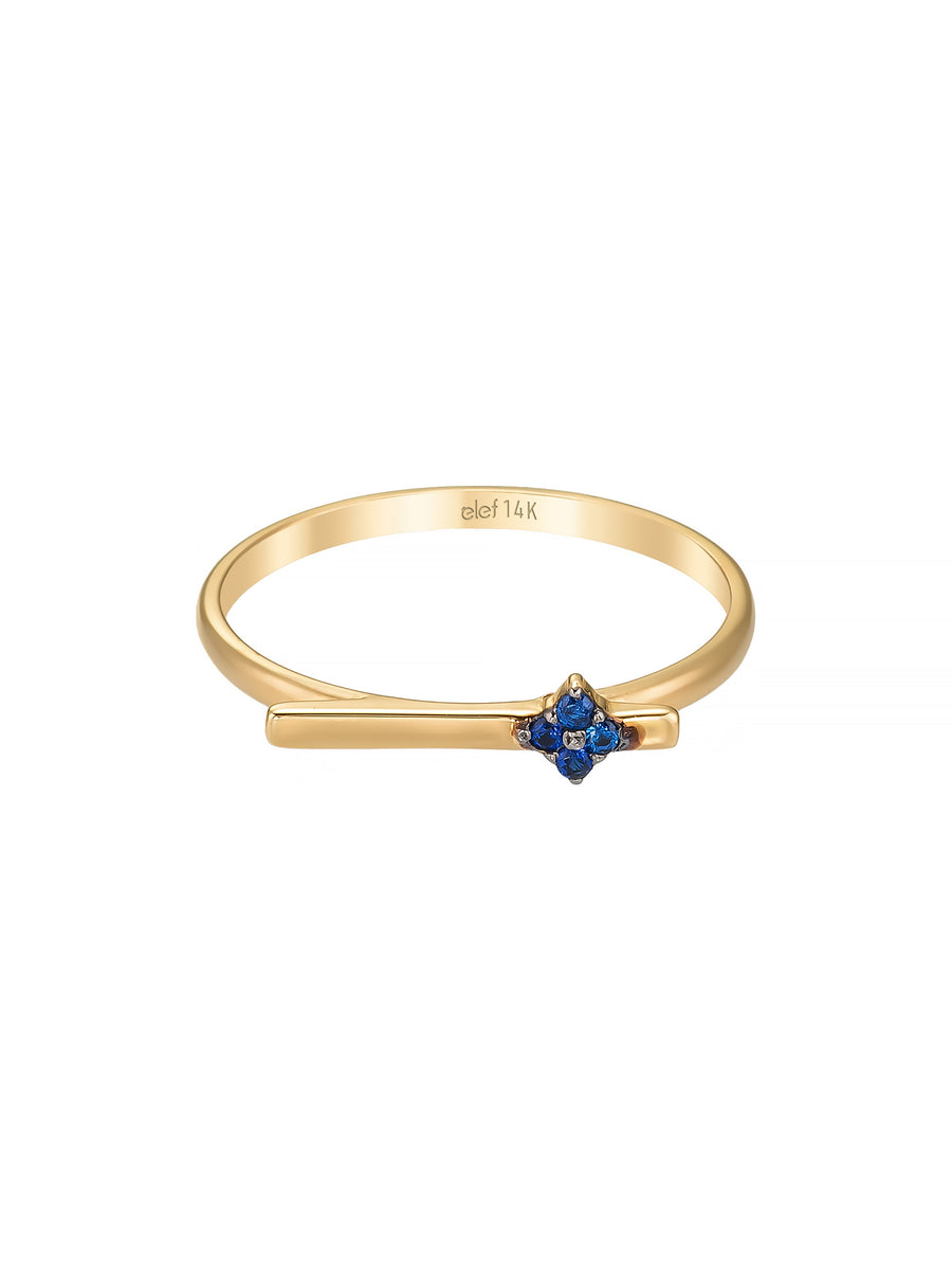 Geometrik Çubuk ve Safir Rengi Taşlı Minimal 14K Altın Yüzük