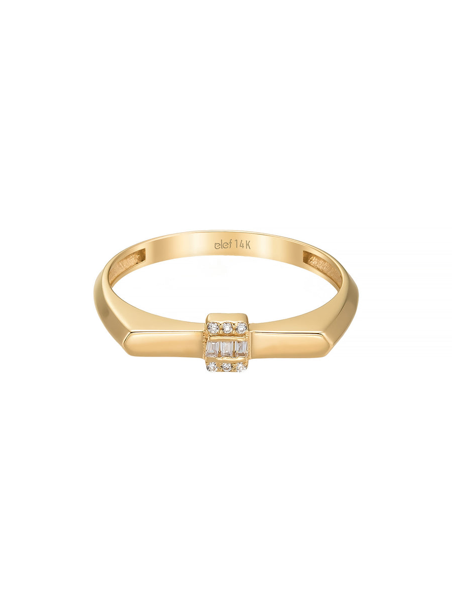Baget ve Yuvarlak Taşlı Modern 14K Altın Yüzük