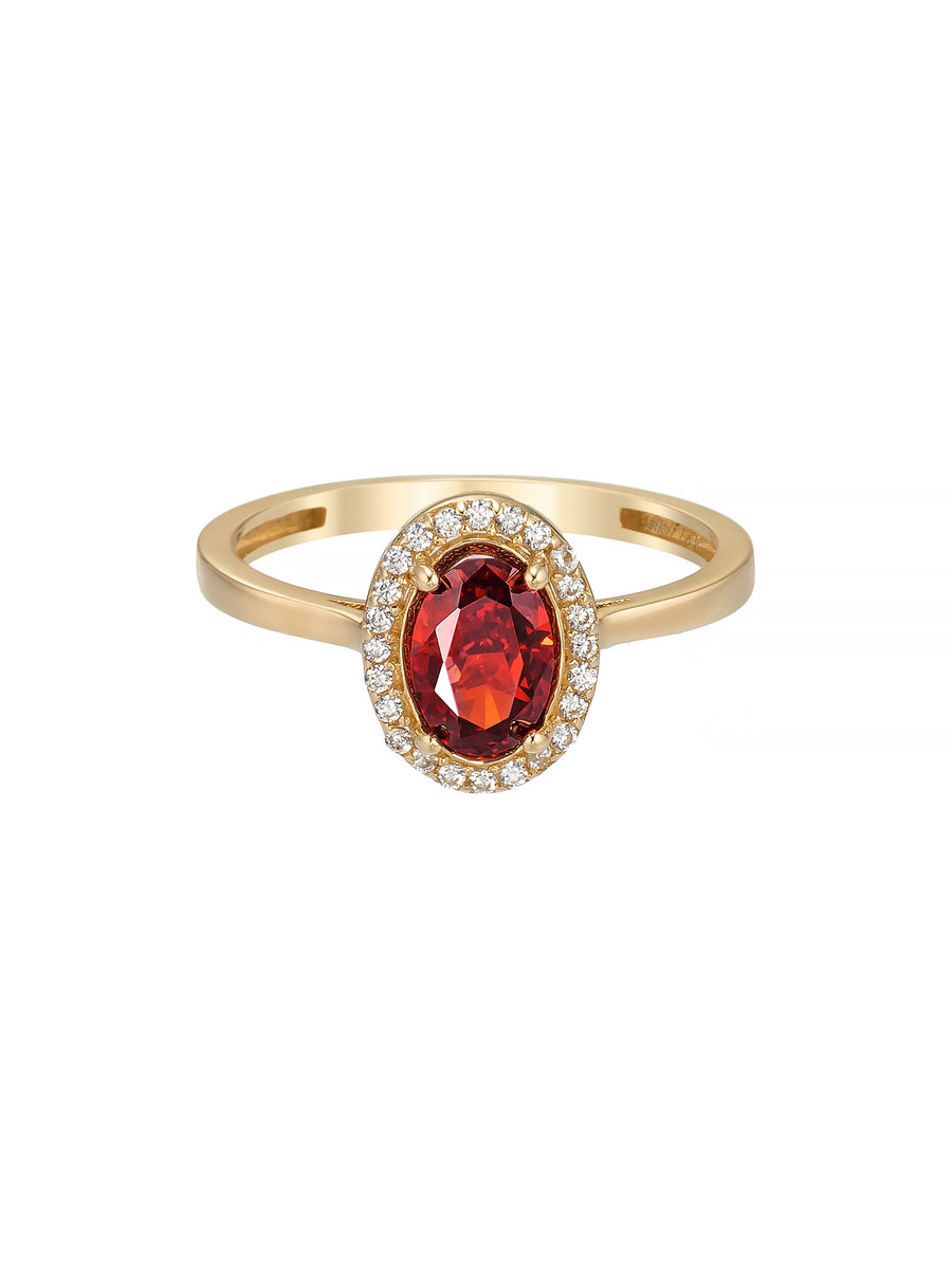 Oval Garnet Taşlı Halo 14K Altın Yüzük