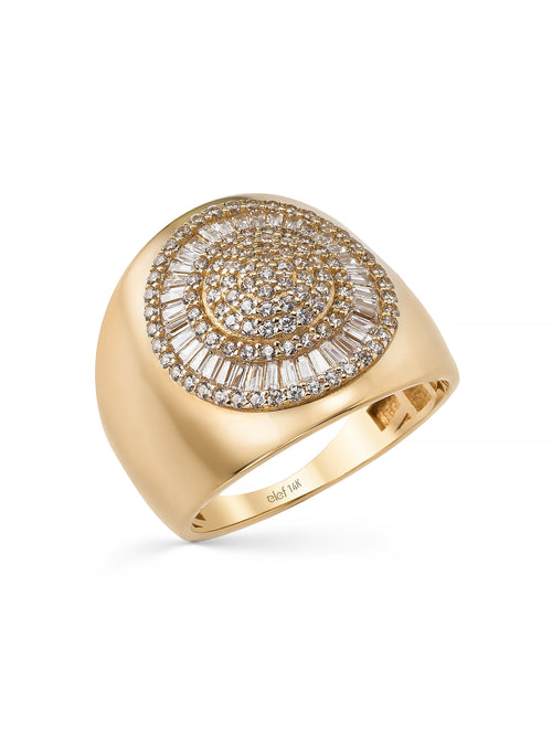 Baget ve Yuvarlak Taşlı Geniş Form 14K Altın Yüzük - Elef Kuyumculuk