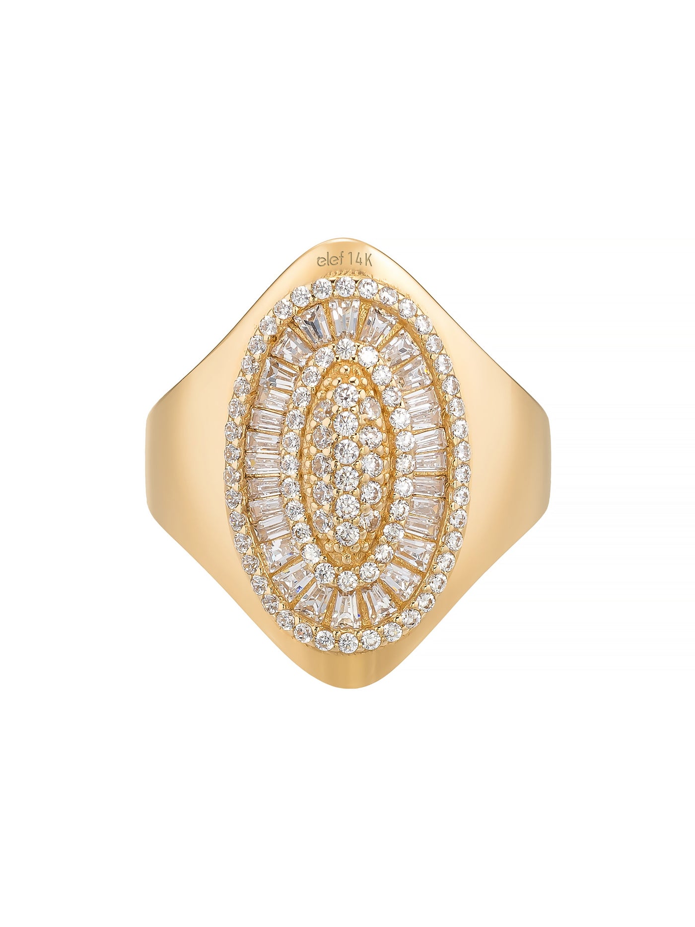 Baget ve Yuvarlak Taşlı Oval Formlu 14K Altın Yüzük - Elef Kuyumculuk