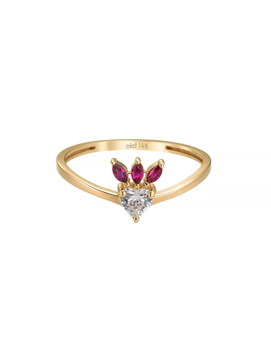 Kalp Kesim ve Yakut Rengi Taşlı Modern 14K Altın Yüzük