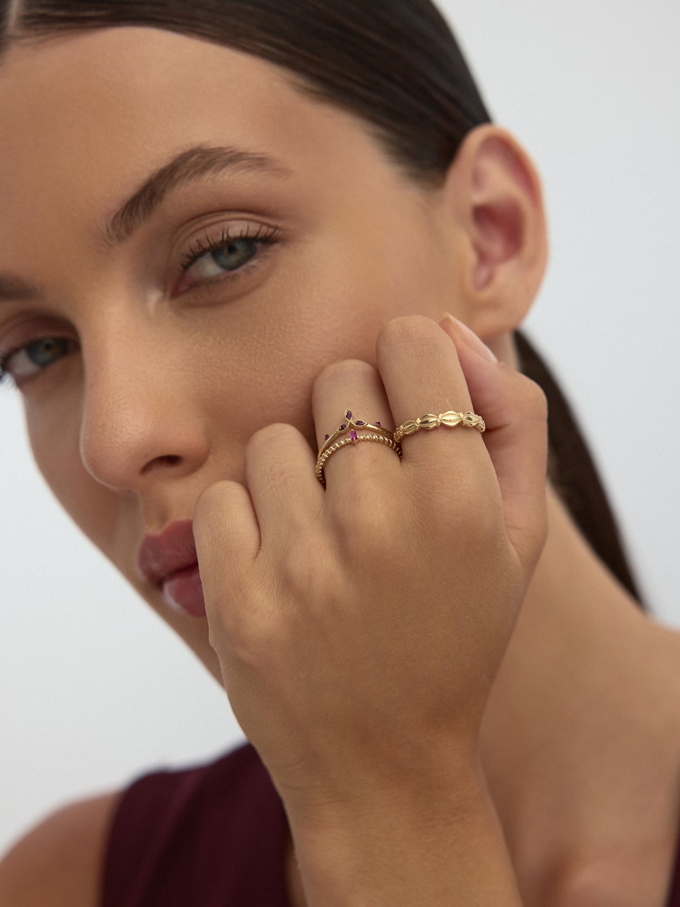Baget Yakut Rengi Taşlı Örgü Formlu 14K Altın Yüzük - Elef Kuyumculuk