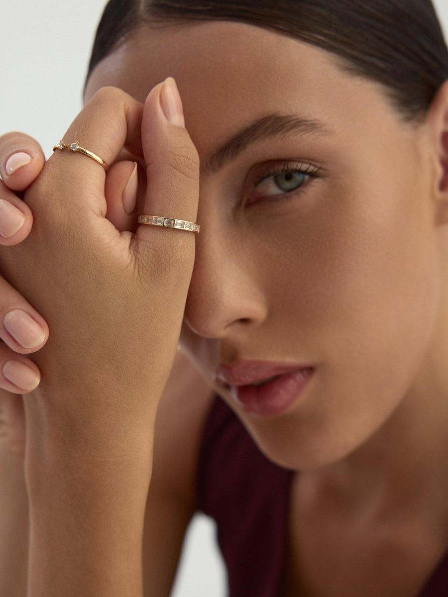İkili Minimal Taşlı 14K Altın Yüzük