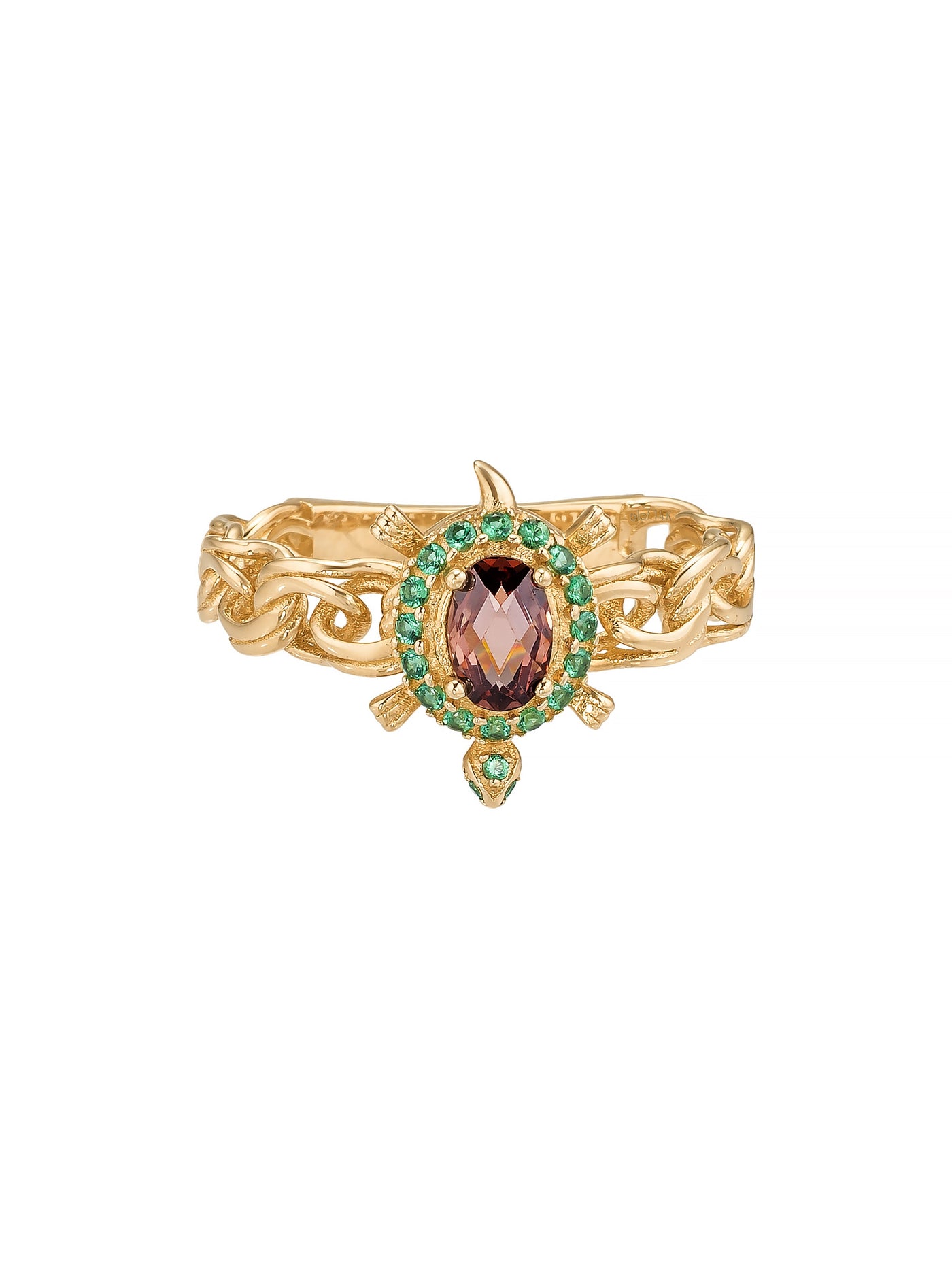 Oval Garnet ve Zümrüt Yeşili Taşlı Örgü Form Vintage 14K Altın Yüzük - Elef Kuyumculuk