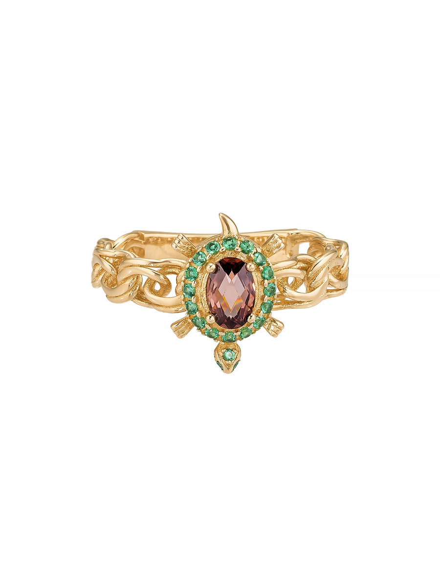 Oval Garnet ve Zümrüt Yeşili Taşlı Örgü Form Vintage 14K Altın Yüzük