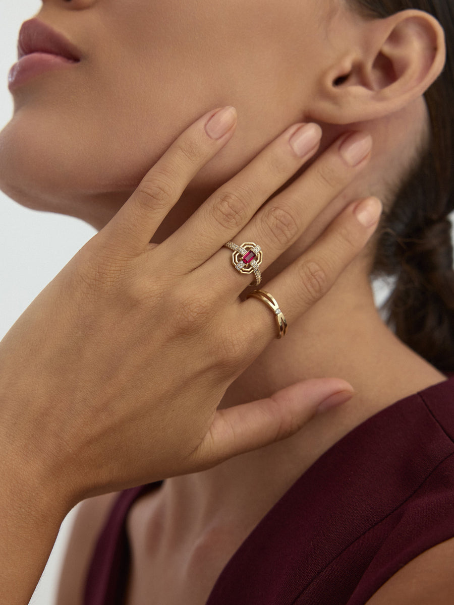 Art Deco Yakut Rengi Taşlı Geometrik 14K Altın Yüzük