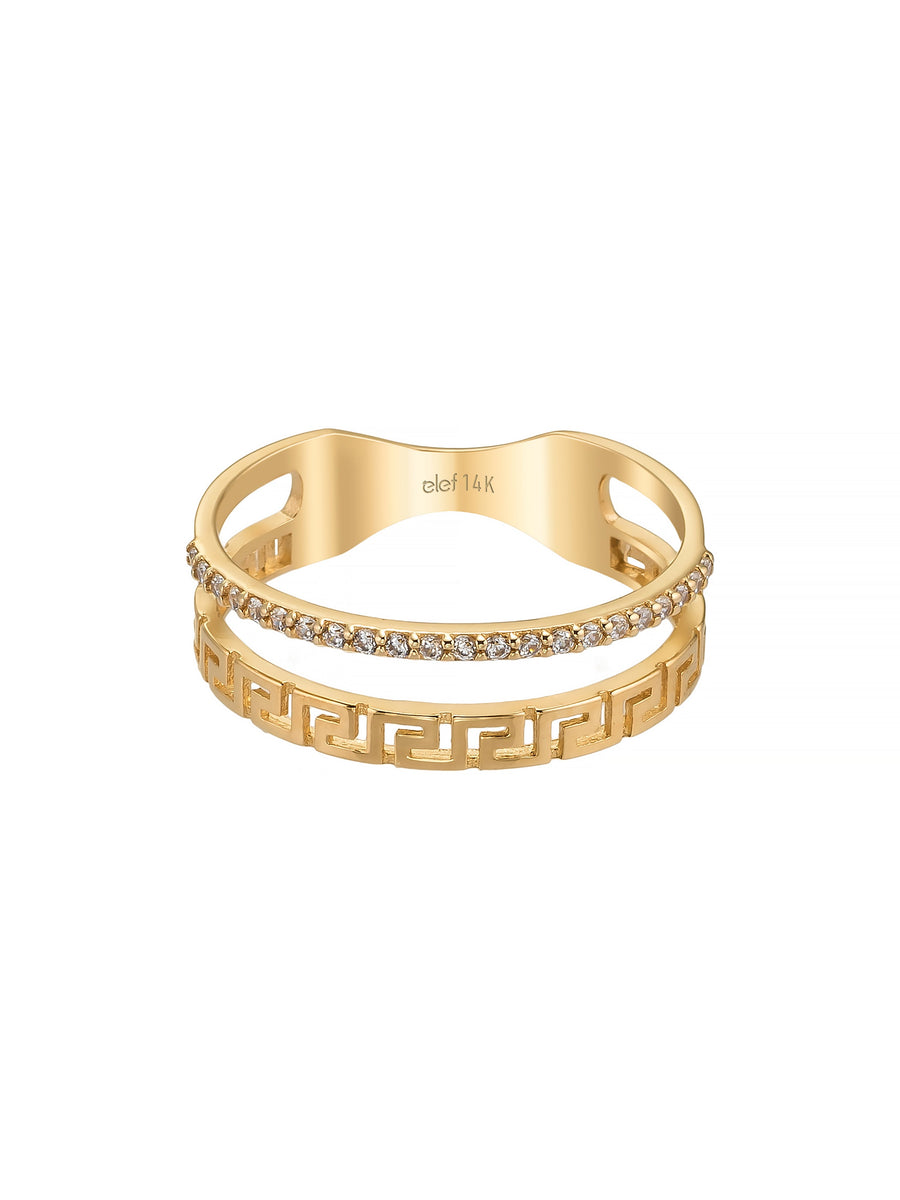 Greek Motif Sıralı Taşlı 14K Altın Yüzük