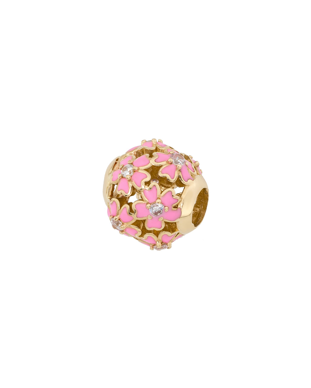 Pembe Mineli Çiçek Figürlü Taşlı 14K Altın Charm