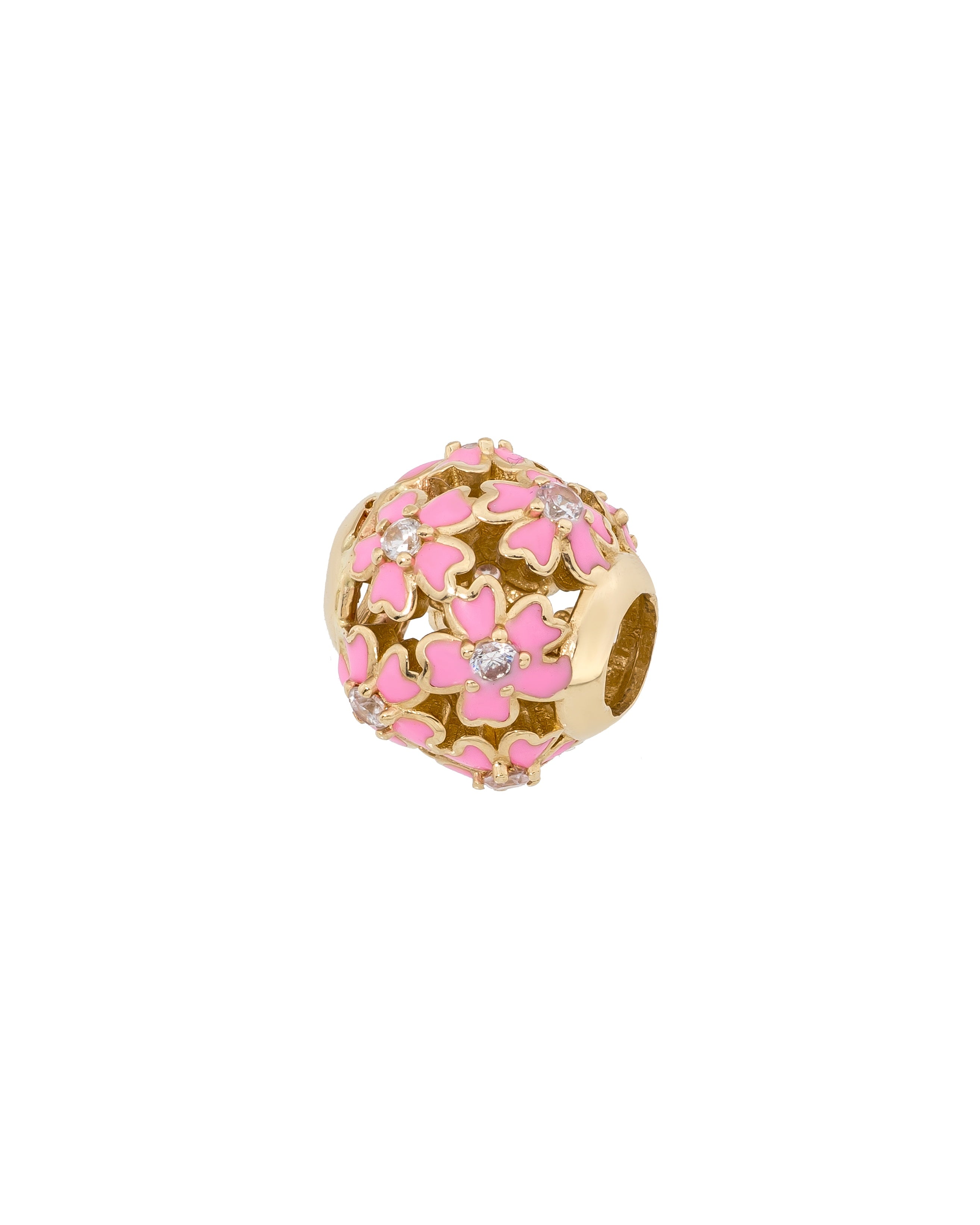 Pembe Mineli Çiçek Figürlü Taşlı 14K Altın Charm