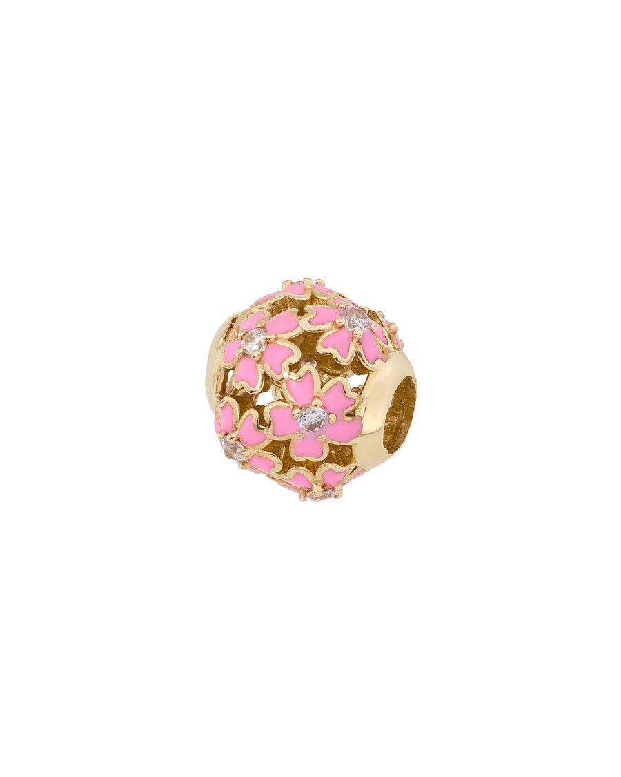 Pembe Mineli Çiçek Figürlü Taşlı 14K Altın Charm