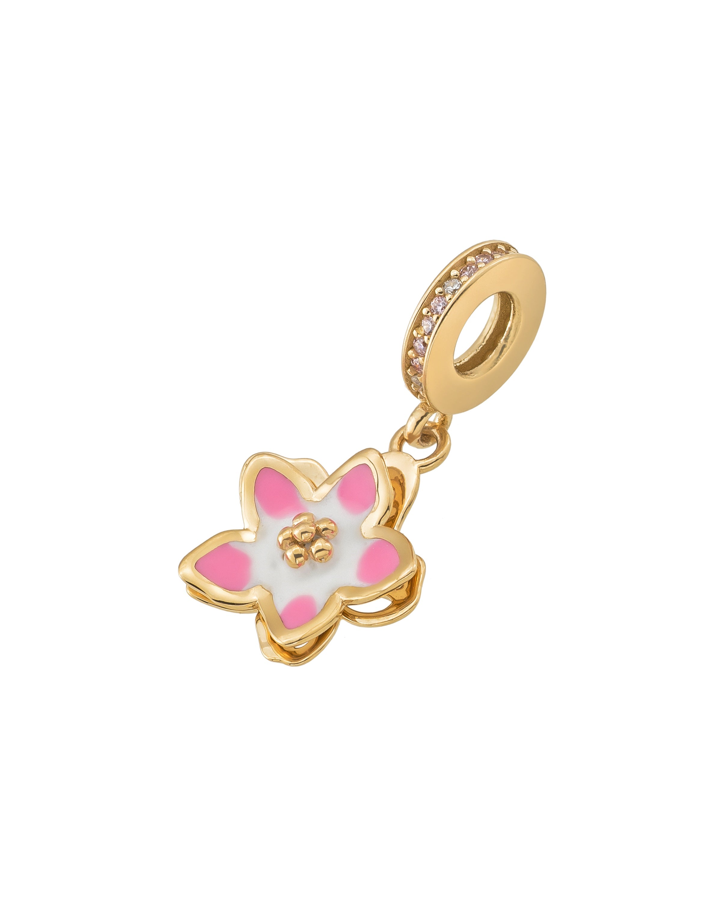 Pembe ve Beyaz Mineli Çiçek Figürlü 14K Altın Charm
