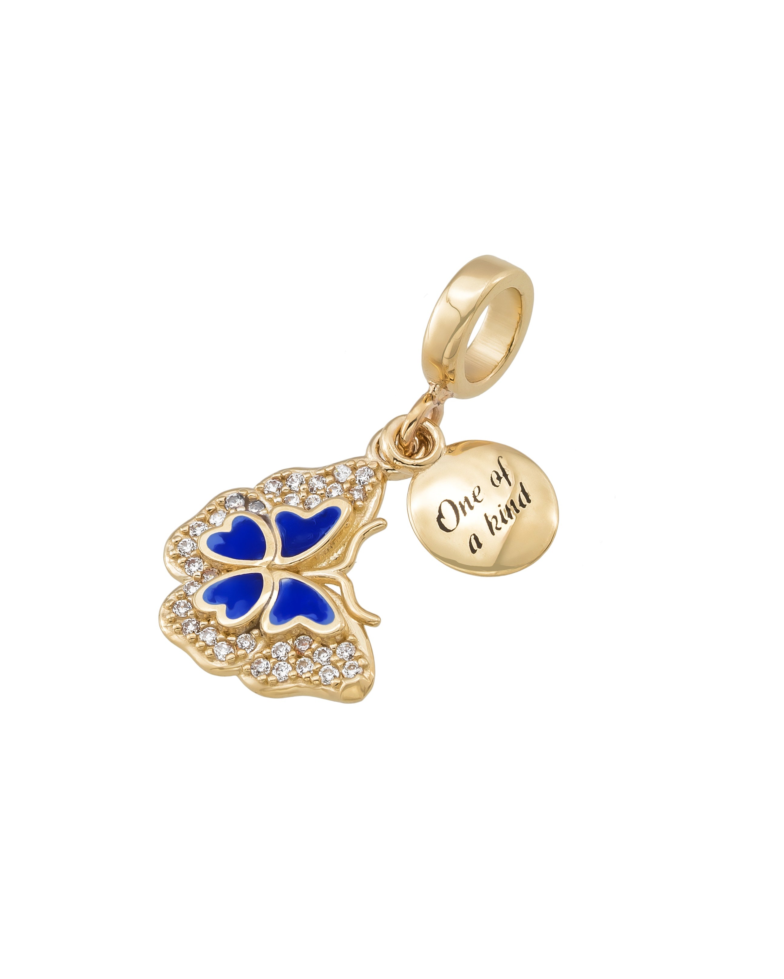 Mavi Kelebek & “One of a Kind” Figürlü Taşlı 14K Altın Charm