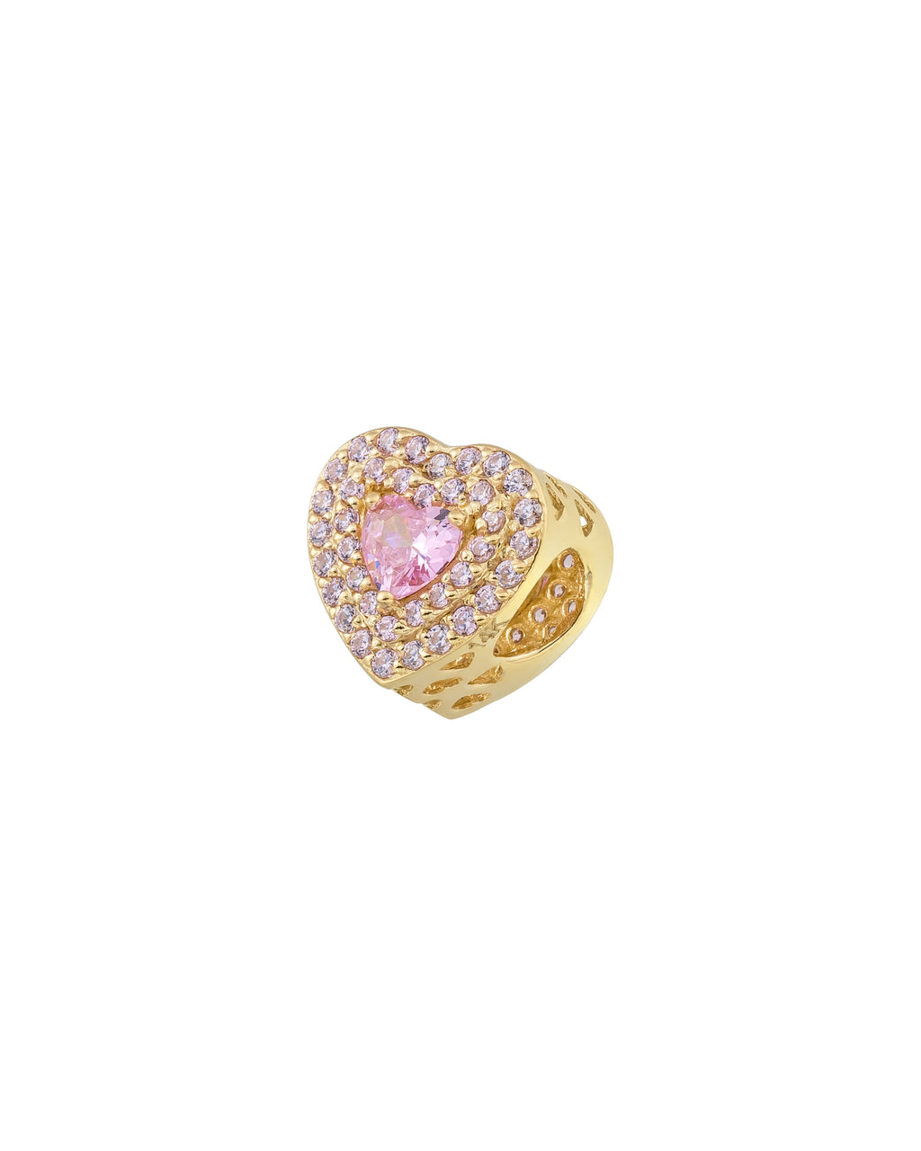 Pembe Kalp Taşlı Pavé Kalp Figürlü 14K Altın Charm