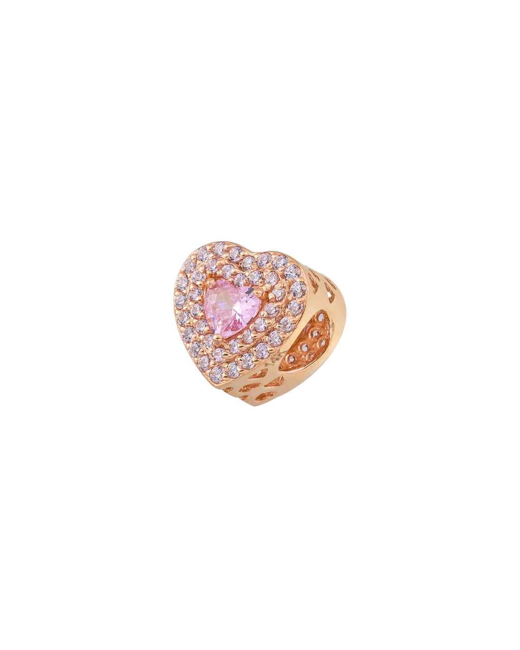 Pembe Kalp Taşlı Pavé Kalp Figürlü 14K Altın Charm