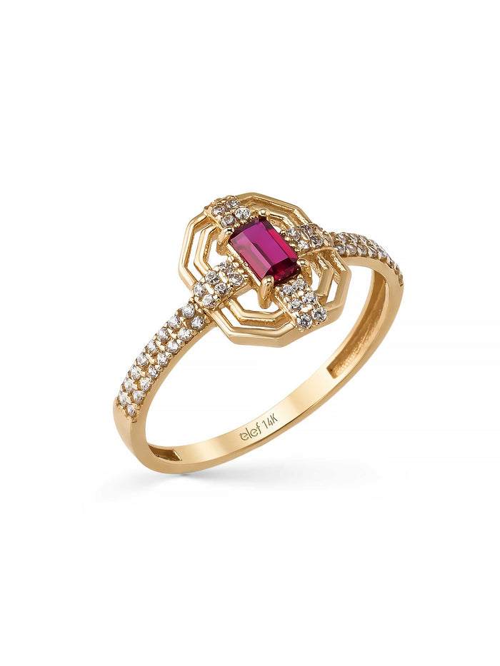 Art Deco Yakut Rengi Taşlı Geometrik 14K Altın Yüzük