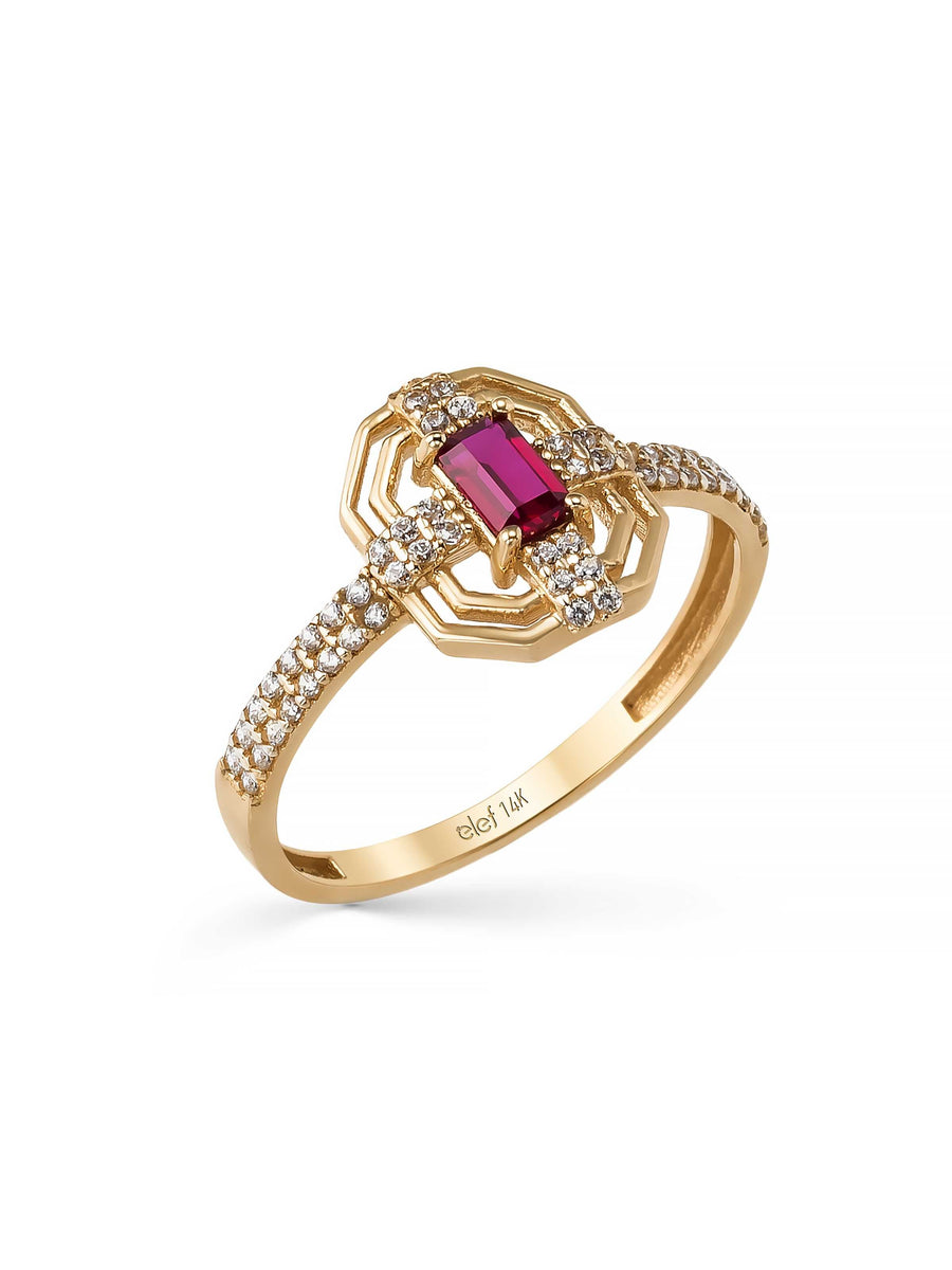 Art Deco Yakut Rengi Taşlı Geometrik 14K Altın Yüzük