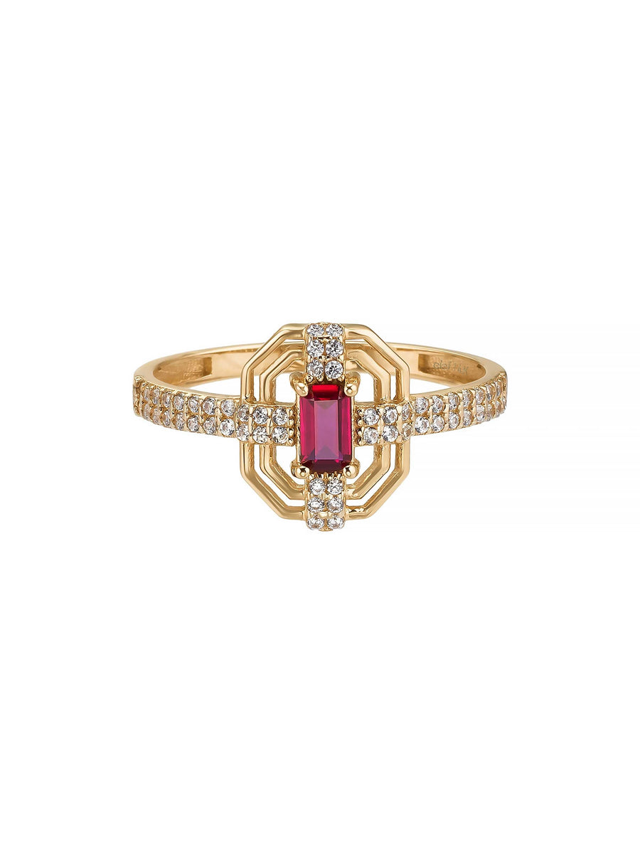 Art Deco Yakut Rengi Taşlı Geometrik 14K Altın Yüzük