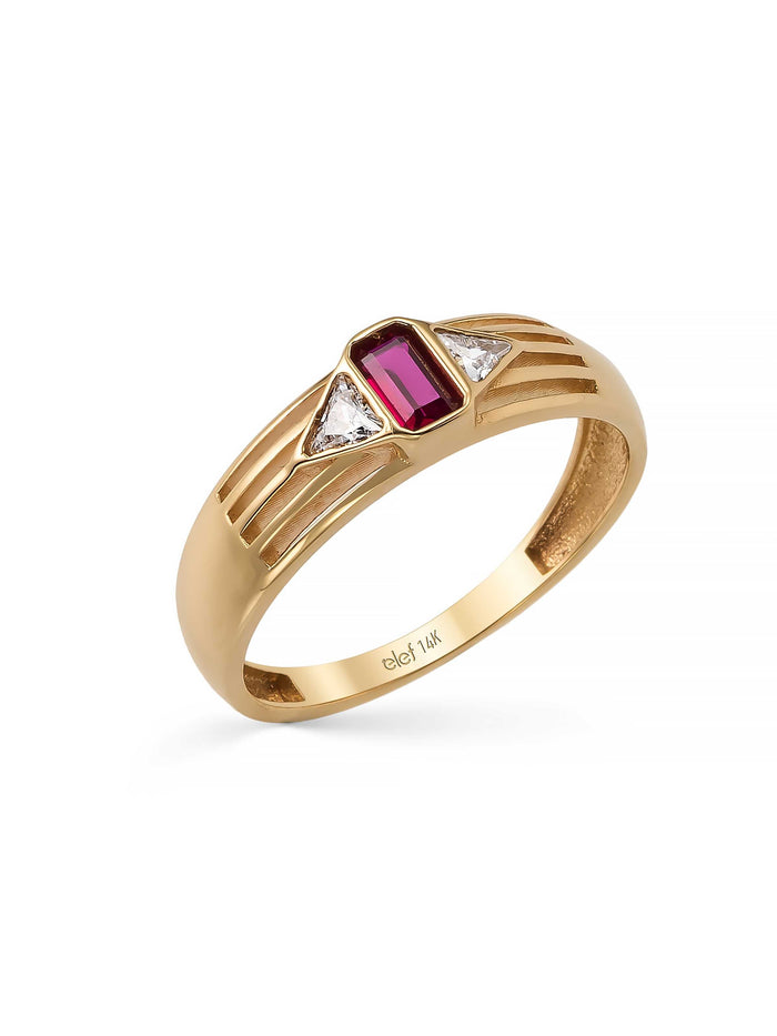 Baget Granat ve Tria Taşlı Modern 14K Altın Yüzük