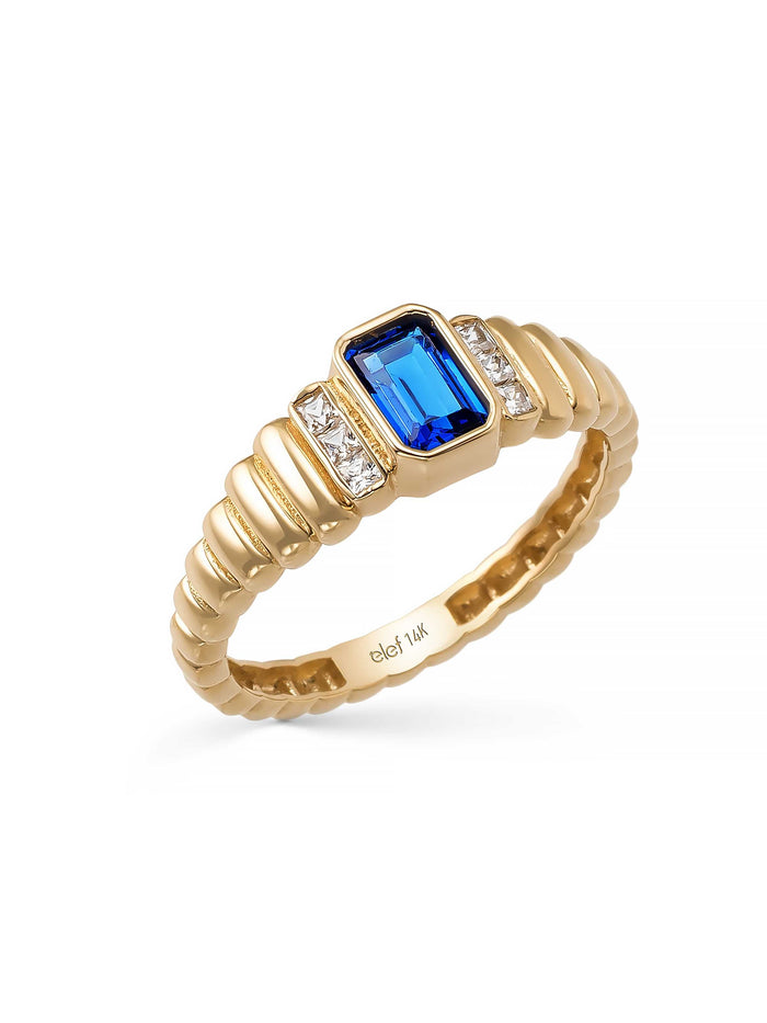 Baget Kesim Lacivert Taşlı Modern 14K Altın Yüzük