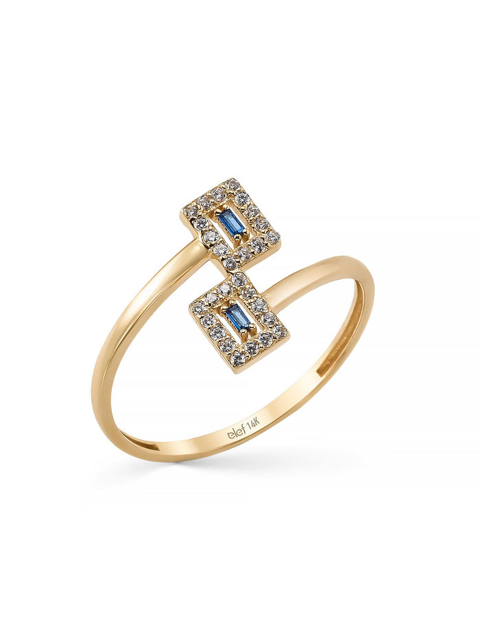 Baget Safir Rengi ve Pırlanta Görünümlü Modern 14K Altın Yüzük
