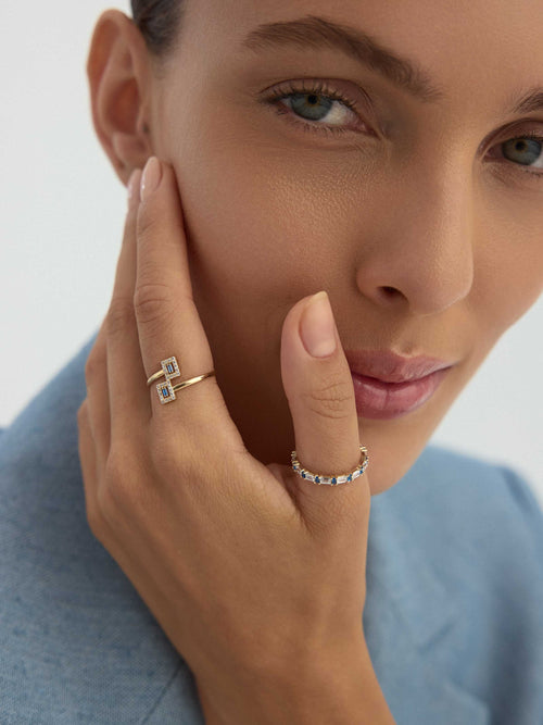 Baget Safir Rengi ve Pırlanta Görünümlü Modern 14K Altın Yüzük - Elef Kuyumculuk