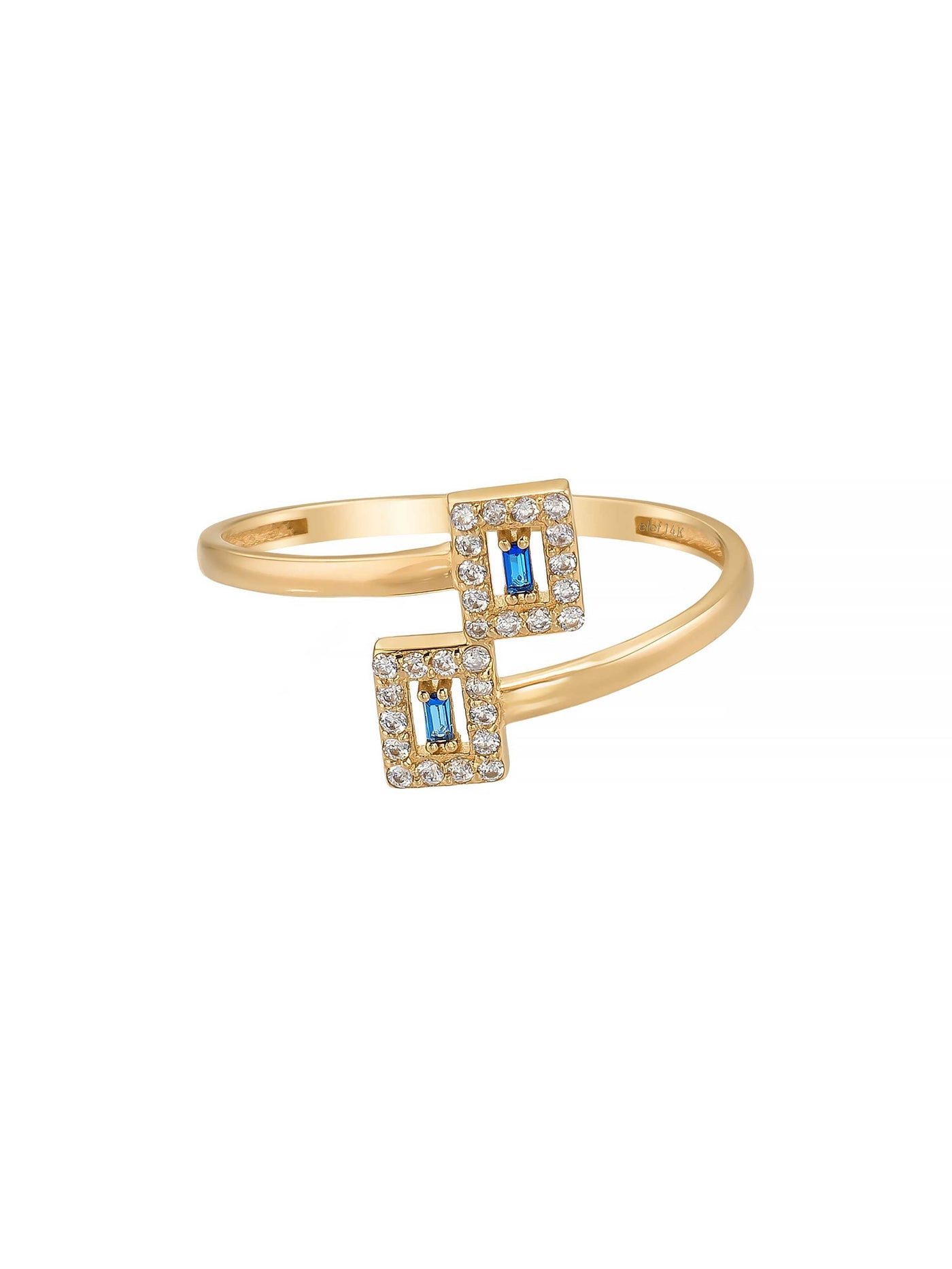Baget Safir Rengi ve Pırlanta Görünümlü Modern 14K Altın Yüzük - Elef Kuyumculuk