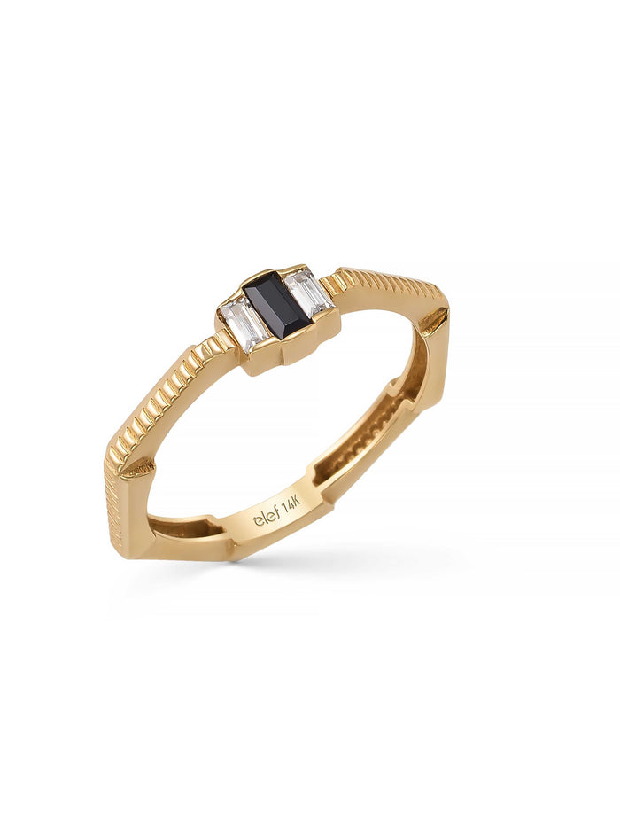 Baget Siyah Taşlı Modern 14K Altın Yüzük
