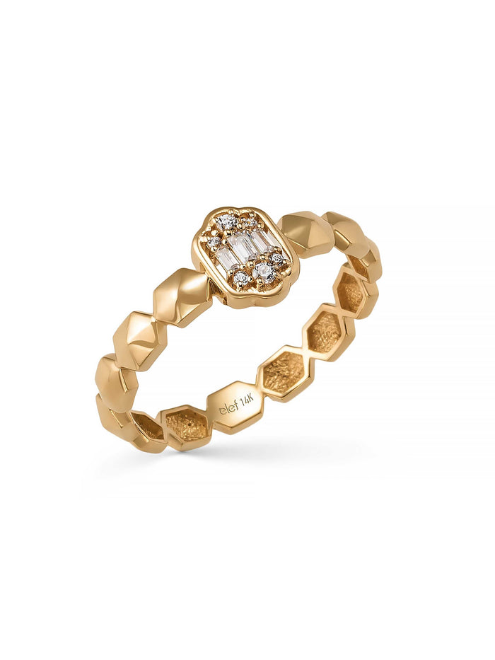 Baget Taşlı Geometrik Formlu 14K Altın Yüzük