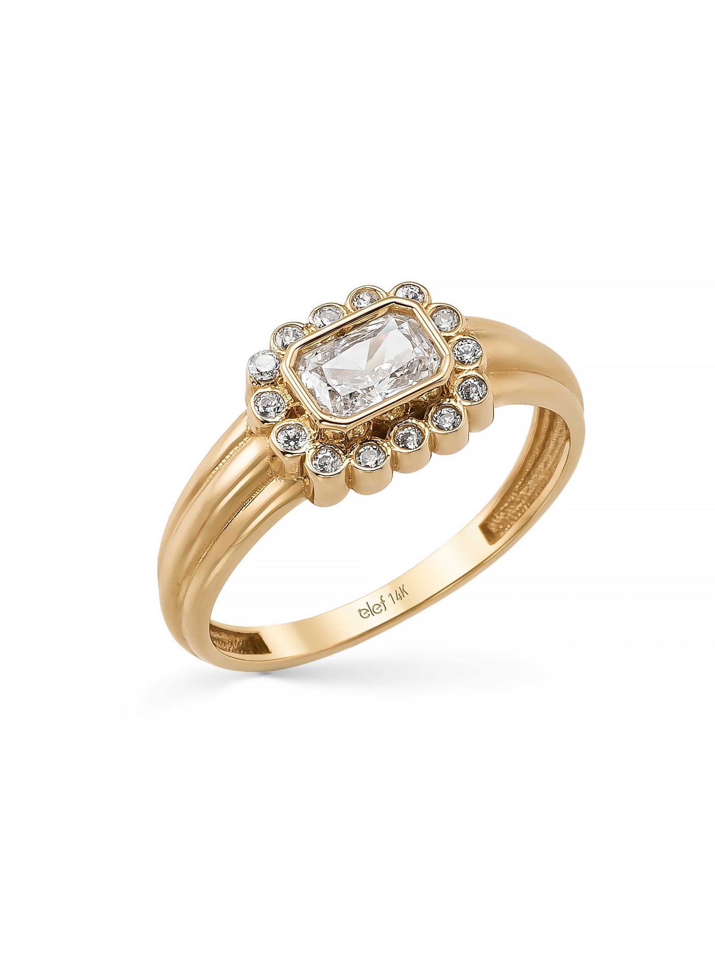 Baget Taşlı Halo Modern 14K Altın Yüzük - Elef Kuyumculuk