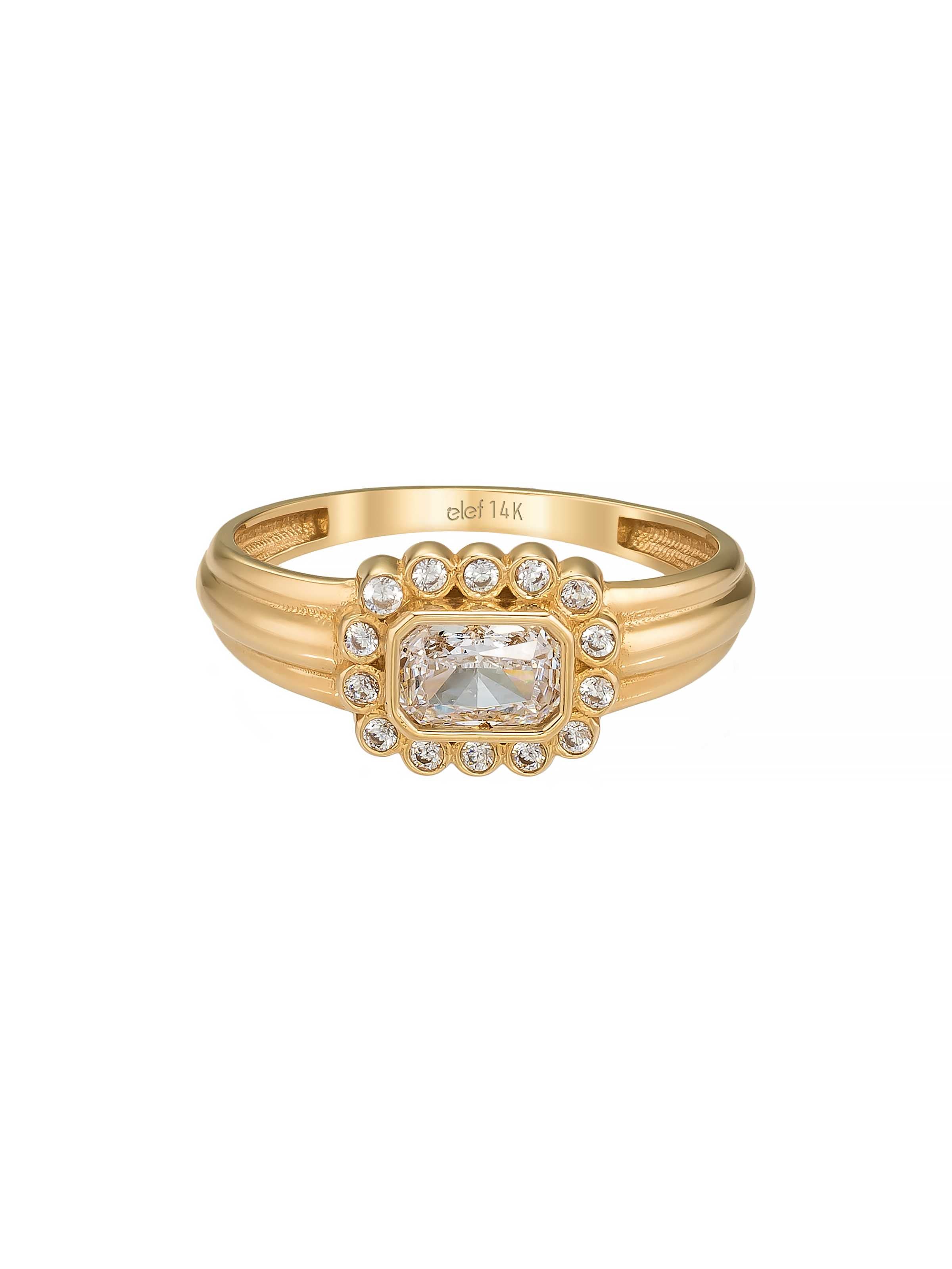Baget Taşlı Halo Modern 14K Altın Yüzük - Elef Kuyumculuk