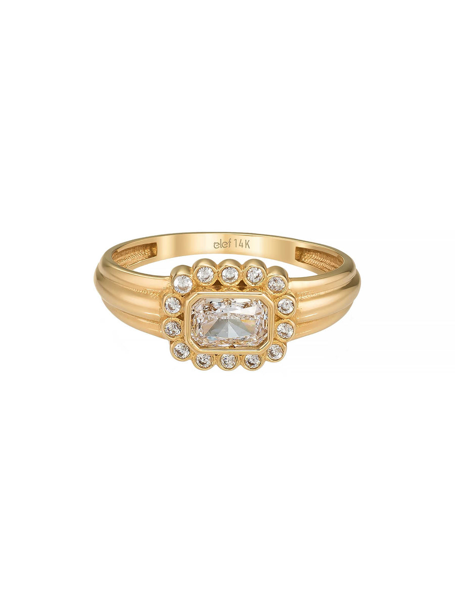 Baget Taşlı Halo Modern 14K Altın Yüzük