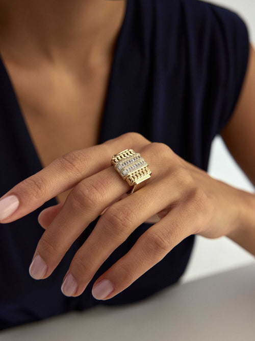 Baget Taşlı Zincir Formlu 14K Altın Yüzük - Elef Kuyumculuk