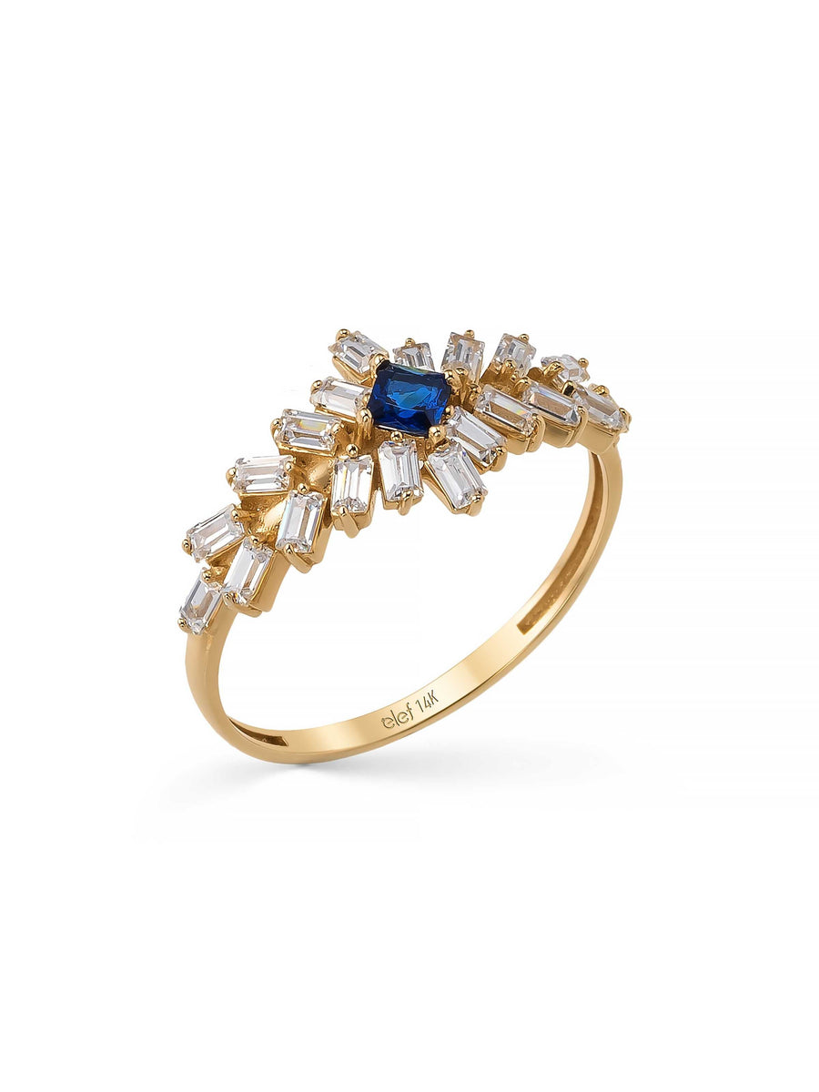 Baget ve Prenses Kesim Safir Rengi Taşlı Art Deco 14K Altın Yüzük