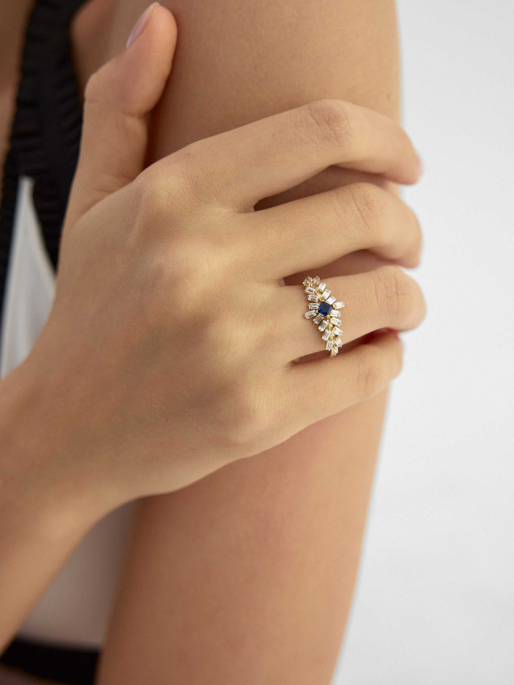 Baget ve Prenses Kesim Safir Rengi Taşlı Art Deco 14K Altın Yüzük - Elef Kuyumculuk